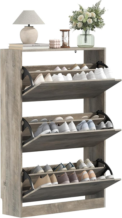 Shoe Storage Cabinet with 3 Flip Drawers, Slim Hidden Wood Shoe Cabinet Storage for Entryway, Freestanding Narrow Shoe Rack Organizer with Adjustable Shelves for Foyer, Hallway, Grey