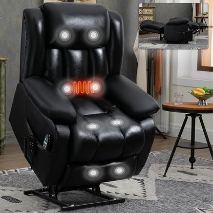 Luxlen Electric Power Lift Recliner Chair with Vibration Massage and Heat, Leather Reclining Chairs for Elderly with Remote Controls, Side Pockets, Big and Tall Recliner, Black