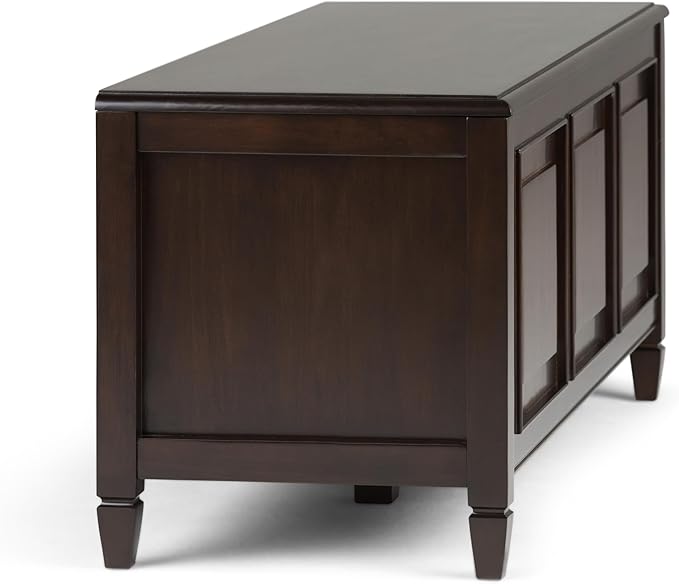 SIMPLIHOME Connaught Storage Bench - 51 inch Wide Solid Wood Trunk Bench in Dark Chestnut Brown, Traditional Bench for Entryway with Lift-Up Lid and 3 Hidden Compartments