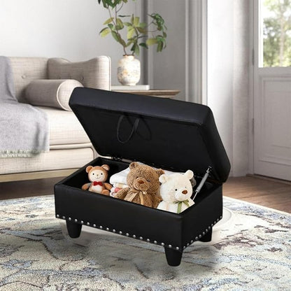 Faux Leather Storage Ottoman with Nailhead Trim, 28.5"X19.5"X17.5" Footrest Stool, Hidden Storage Foot Stool for Living Room, Bedroom Furniture, Black