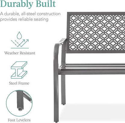Best Choice Products Outdoor Bench 2-Person Metal Steel Benches Furniture for Garden, Patio, Porch, Entryway w/Geometric Backrest, 790lb Capacity – Gray