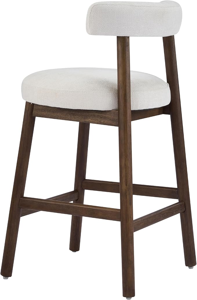 Christopher Knight Home Annes Counter Height Bar Stools Set of 2, Linen Fabric Round Bar Stool for Kitchen Island, Wooden Dining Room Chair, Counter Stool with Footrest, Walnut+Milky White