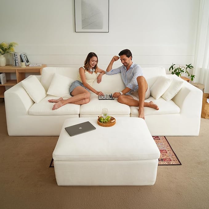 115" Cloud Boneless Sectional Couch, Deep Seat L Shaped Modular Couch with Ottoman, Oversized Upholstered Convertible 4 Seater Modular Sofa for Living Room,Beige Chenille