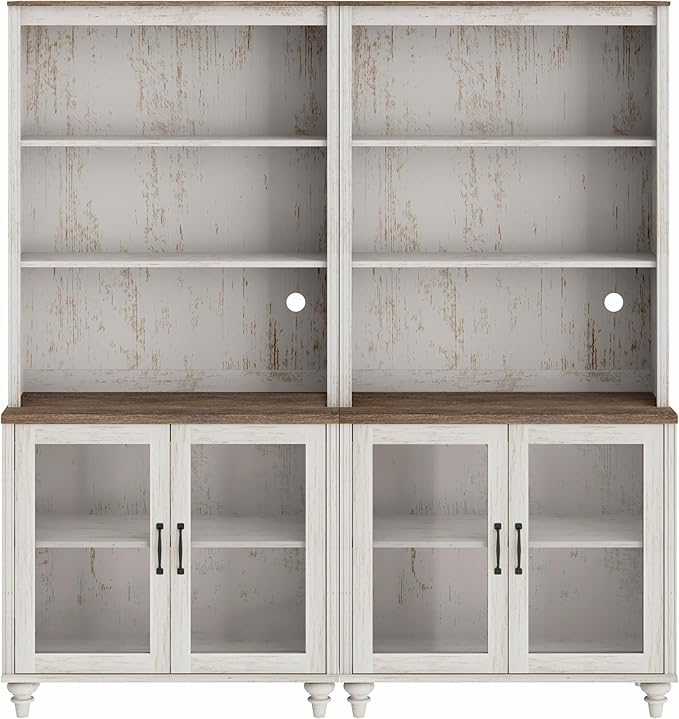 WAMPAT 5 Tier Bookshelf, Bookcase with Glass Doors,Large Farmhouse Display Book Shelf with Adjustable Shelves and Storage Cabinet，Library Wood Bookshelves for Living Room,Kitchen, Rustic White (2PCS)