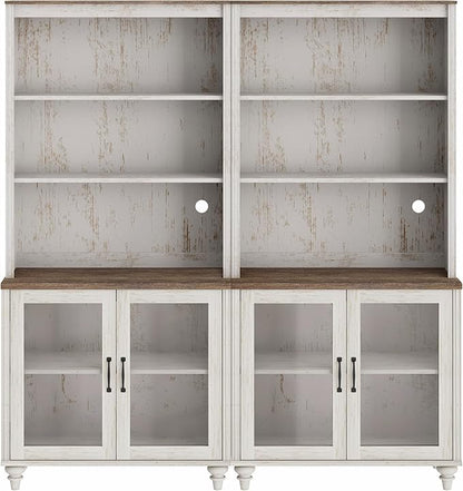 WAMPAT 5 Tier Bookshelf, Bookcase with Glass Doors,Large Farmhouse Display Book Shelf with Adjustable Shelves and Storage Cabinet，Library Wood Bookshelves for Living Room,Kitchen, Rustic White (2PCS)