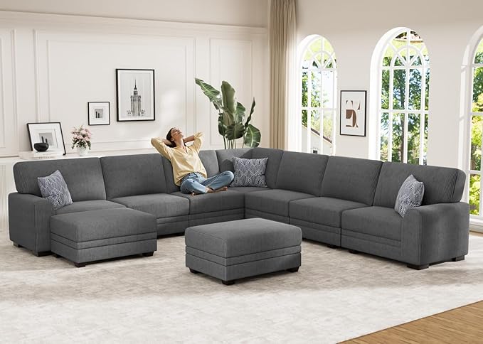 Wanderwell Oversized Modular Sectional Sofa, 9-Seater U Shaped Couches with Movable Ottoman,Corduroy Sectional Couch with Wide and Deep Seats Suitable for Living Room,Bedroom,Apartment (Grey, U-9)