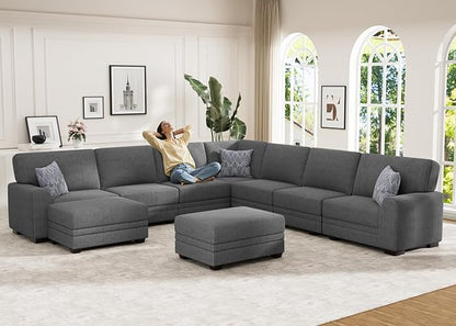 Wanderwell Oversized Modular Sectional Sofa, 9-Seater U Shaped Couches with Movable Ottoman,Corduroy Sectional Couch with Wide and Deep Seats Suitable for Living Room,Bedroom,Apartment (Grey, U-9)
