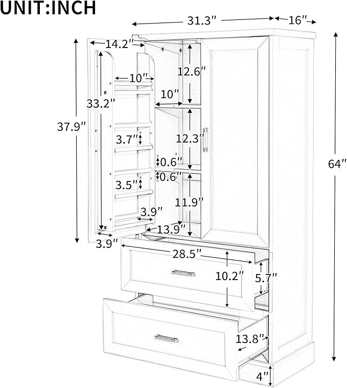 Polibi Tall Storage Cabinet with 2 Doors, 2 Drawers, 4-Tier Storage Racks of Each Door, Adjustable Shelf, Floor Free-Standing Cabinet for Bathroom, Living Room, MDF, White