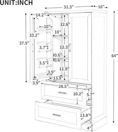 Polibi Tall Storage Cabinet with 2 Doors, 2 Drawers, 4-Tier Storage Racks of Each Door, Adjustable Shelf, Floor Free-Standing Cabinet for Bathroom, Living Room, MDF, White