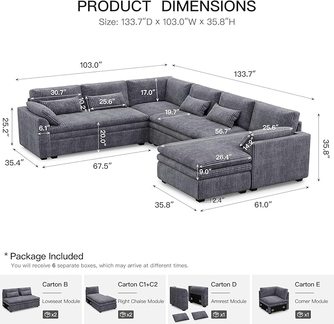 Belffin Large Modular Sectional Sofa with Deep Chaise, Corduroy U Shaped Couch with 9" Soft Dual-Layer 7 Seats Cushion for Living Room, Apartment, Light Grey