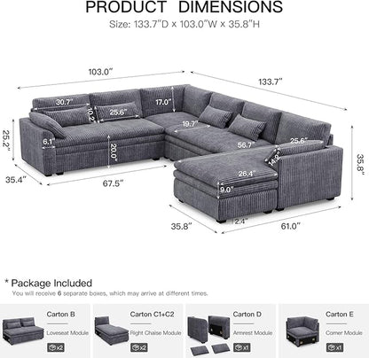 Belffin Large Modular Sectional Sofa with Deep Chaise, Corduroy U Shaped Couch with 9" Soft Dual-Layer 7 Seats Cushion for Living Room, Apartment, Light Grey