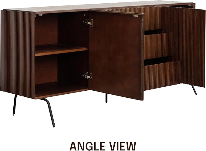 NTC Veil Large Sideboard with 2 Doors and 3 Drawers, Buffet Cabinet with Vertical Groove Design and Metal Legs, Storage Cabinet for Living Room, and Entryway, Effortless Assembly - Dark Walnut