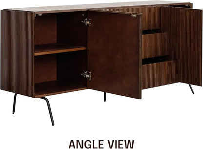 NTC Veil Large Sideboard with 2 Doors and 3 Drawers, Buffet Cabinet with Vertical Groove Design and Metal Legs, Storage Cabinet for Living Room, and Entryway, Effortless Assembly - Dark Walnut