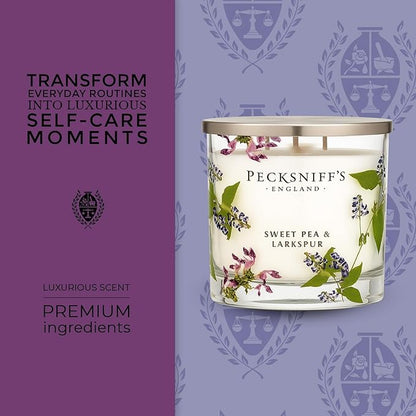 Pecksniff’s 3 Wick Candle – Sweet Pea & Lark Spur, 550 g / 19.4 oz – Long Lasting Burn, Elegant Home Decor & Relaxing Ambiance