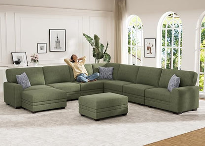 Wanderwell Oversized Modular Sectional Sofa, 6-Seater U Shaped Couches with Movable Ottoman,Corduroy Sectional Couch with Wide and Deep Seats Suitable for Living Room,Bedroom,Apartment (Olive, U-9)