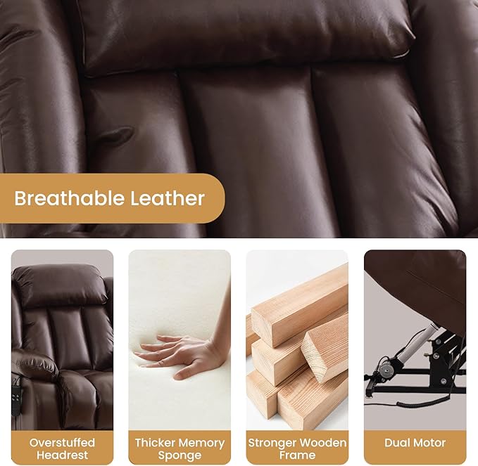 TEKAMON Power Lift Recliner Chair for Elderly with Heat & Massage, Dual Motor Breathable Leather Recliner, Lay Flat Sleeping Chairs with Infinite Position, RemoteControl(Brown, Extended)