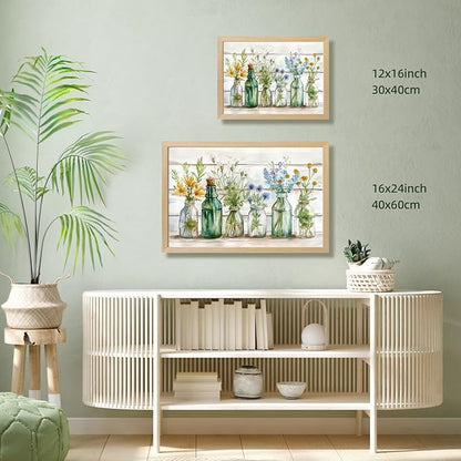 HLXRAE Wood Framed Green Bathroom Wall Art, Vintage Rustic Farmhouse Bathroom Wall Decor, Watercolor Floral Canvas Painting, Sage Green Plant Aesthetic Picture for Laundry Room Decor 12x16 inch