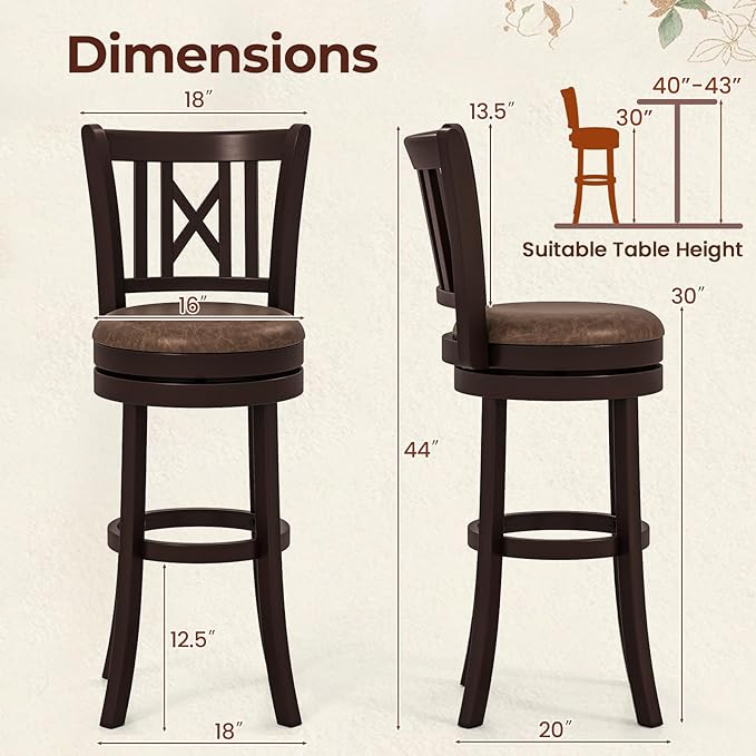 COSTWAY Bar Stools Set of 2, 30” Swivel Bar Chairs with Footrest, Rubber Wood Frame & Hollowed Backrest, Leathaire Bar Height Stools, Padded Counter Stools for Kitchen Island & Pub (2, 30'')