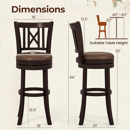 COSTWAY Bar Stools Set of 2, 30” Swivel Bar Chairs with Footrest, Rubber Wood Frame & Hollowed Backrest, Leathaire Bar Height Stools, Padded Counter Stools for Kitchen Island & Pub (2, 30'')