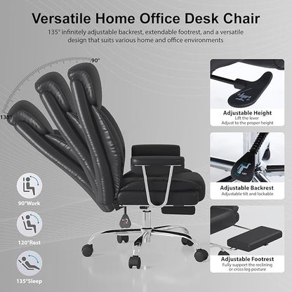 Big and Tall Office Chair, Executive Home Office Desk Chair, Comfy Leather High-Back Reclining Computer Chair with Retractable Footrest and Padded Arms, 360°Swivel Rolling Wheels, Wide Seat, Black