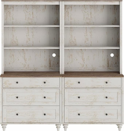 WAMPAT 3 Tier Bookshelf with 3 Drawers, 72" Tall Bookcase Large Farmhouse Display Book Case Shelf with 3-Tier Open Book Shelfs，Library Wood Bookshelves for Living Room,Kitchen, Rustic White (2PCS)