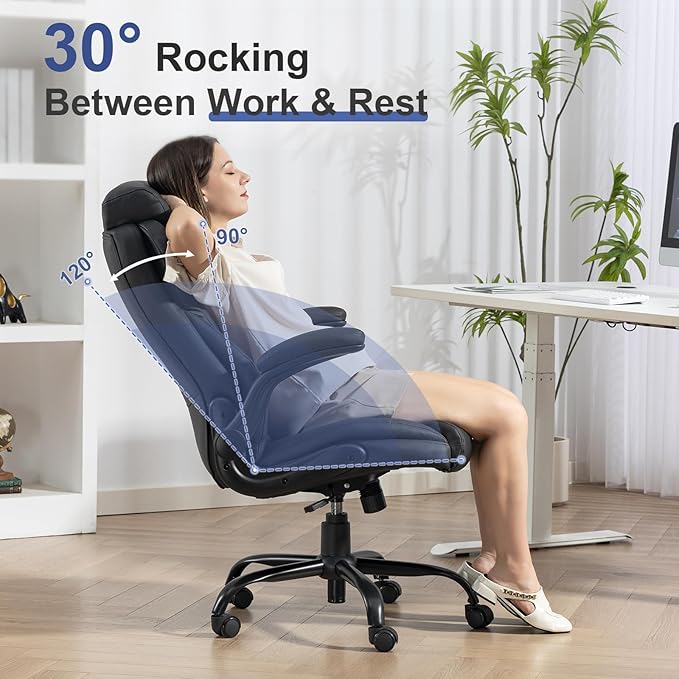 Brage Living 400LBS Big and Tall Office Chair, Leather Executive Desk Chair with Padded Flip-up Arms, Heavy Duty Swivel Rolling Computer Chair for Home Office, Black