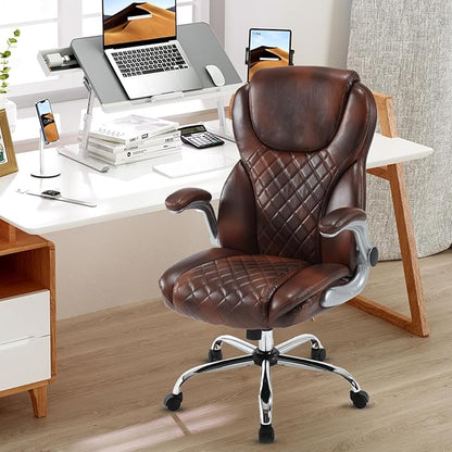 Executive Office Chair Brown, PU Leather High Back Office Desk Chairs with Wheels, 90-120° Rocking Managerial Ergonomic Big Tall Home Computer Chairs with Flip up Arms and Lumbar Support