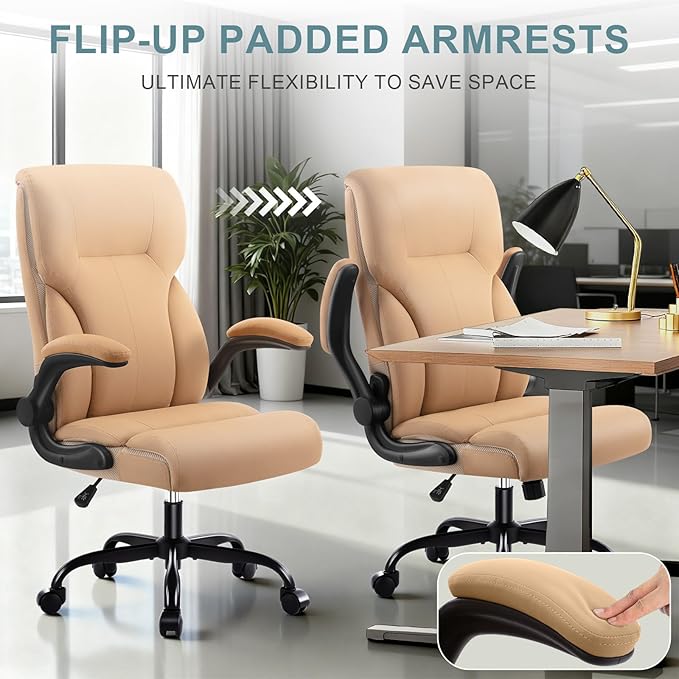 Executive Office Chair, High Back Ergonomic Comfy Desk Chair with Padded Flip-up Armrests and Wheels, PU Leather Heavy Duty Computer Swivel Rolling Task Chair for Home Office, Adults, Khaki