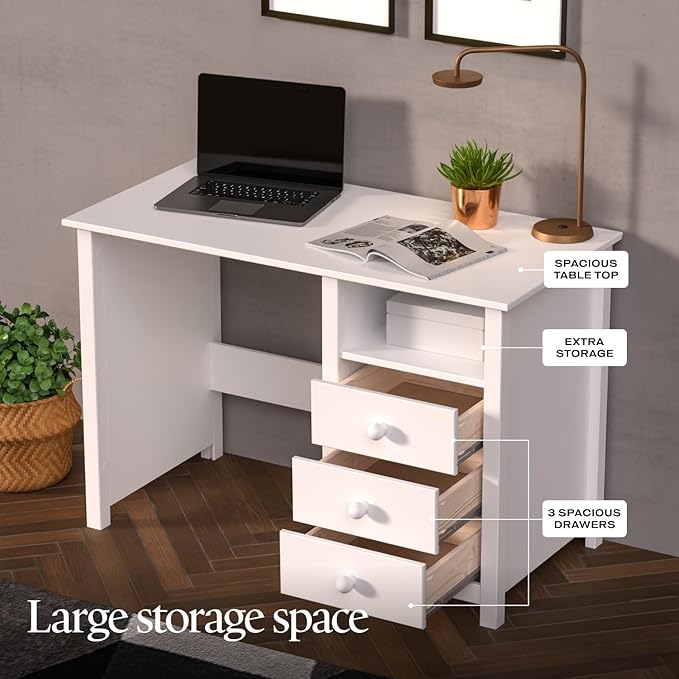 From the Tree Furniture Solid Wood Desk with Drawers – Compact Study Desk for Kids & Adults, Space-Saving Home Office Writing Table, Real Pine Construction