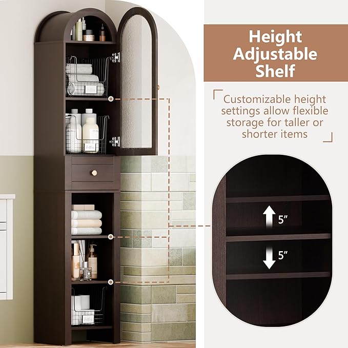 70" Tall Bathroom Storage Cabinet with Acrylic Door，Narrow Storage Cabinet with Drawer Adjustable Shelves, Modern Arched Design Bathroom Cabinet for Bathroom, Living Room, Kitchen, Espresso