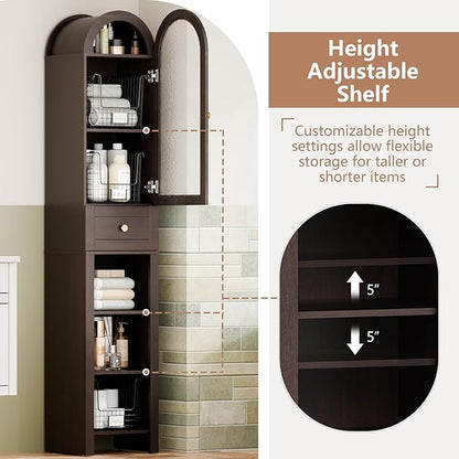 70" Tall Bathroom Storage Cabinet with Acrylic Door，Narrow Storage Cabinet with Drawer Adjustable Shelves, Modern Arched Design Bathroom Cabinet for Bathroom, Living Room, Kitchen, Espresso