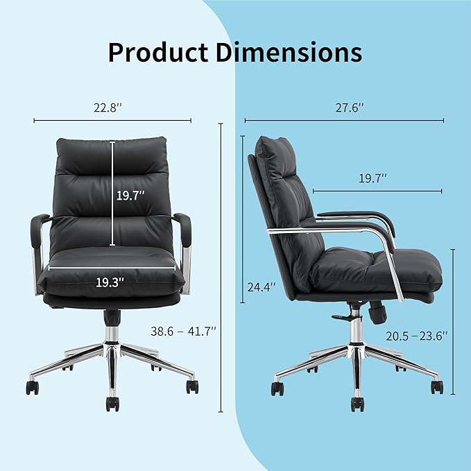Leather Home Office Desk Chair, Executive Comfy Desk Chair with Support Armrests, Swivel Wheels, Height Adjustable, Mid Back, 360 Swivel, Computer Chair for Office Room, Black