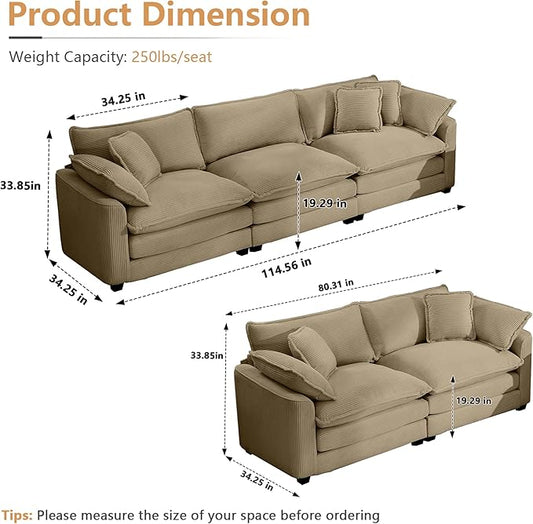mikibama Luxury 3 Piece Sofa Set, 3-Seater & 2 Loveseat Couch Set, Modern Corduroy Comfy Cloud Couches Set for Living Room Office with 6 Armrest Pillows and 7 Toss Pillows, Camel