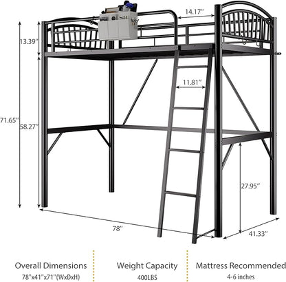 Metal Loft Bed Twin Size, Twin Loft Bed with Bedside Caddy, Convertible Ladder & Full-Length Guardrails, Space-Saving & Noise Free Design, No Box Spring Needed, Loftbed Frame for Teens Adults