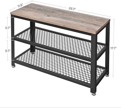 VASAGLE, 3-Tier Shoe Rack, Shelf Storage Bench with Metal Mesh Shelves and Seat, Free Standing Shoe Organizer for Entryway, 11.8 x 28.7 x 17.7 Inches, Greige and Black ULBS73MB