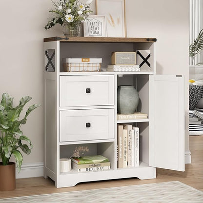 Fameill White Farmhouse Storage Cabinet with 2 Drawers & Shelves,Freestanding Kitchen Cabinet with Doors,Floor Storage Organization for Living Room,Bathroom,Laundry