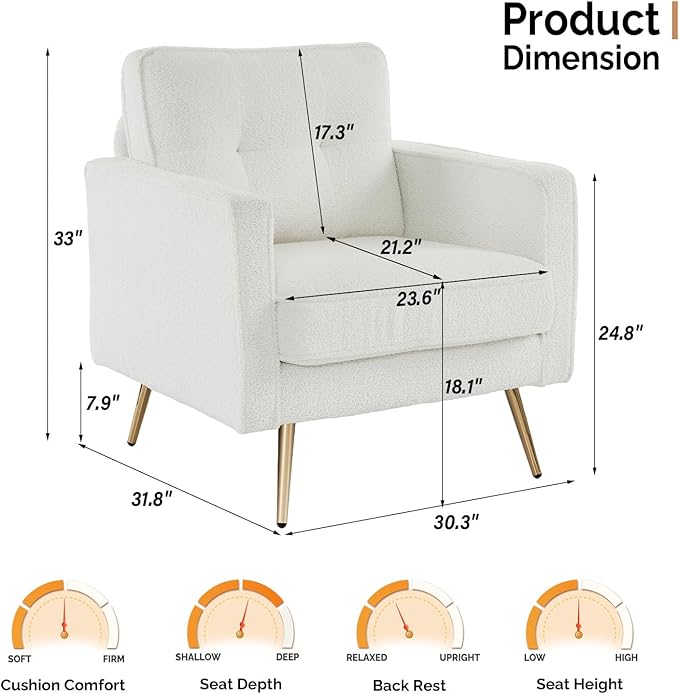 VINGLI Accent Chairs Set of 2 White Living Room Chairs Fluffy Teddy Fabric Mid Century Modern Sofa Chairs with Arms, Gold Legs for Reading, Bedroom, Waiting Room
