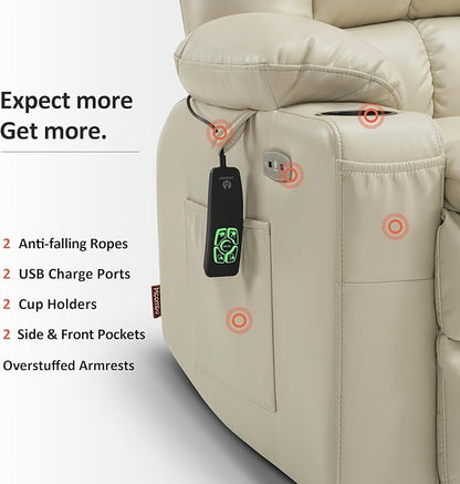 MCombo Dual Motor Power Lift Recliner Chair for Elderly, Lay Flat Lift Chair with Heat and Massage, Cup Holders, USB Ports, Faux Leather 7890 (Cream White, Medium)