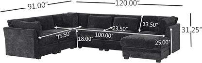 Christopher Knight Home Zery 7-Piece U-Shape Lounge Sofa Couch with Ottomans, Modern Modular Sectional Sofa Set with Pillow Back for Living Room, Chenille Upholstered Cloud Couch with Deep Seat,Black