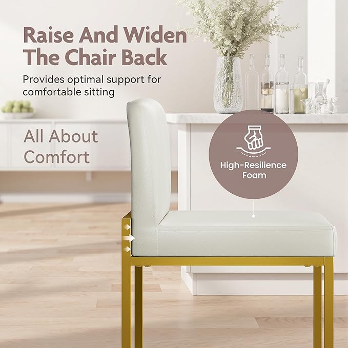 ALPHA HOME 24 Inch Bar Stools Set of 3, Kitchen Counter Stools with Backs, PU Leather Barstools, White Bar Stools with Upholstered Footrest, Sturdy Chromed Metal Steel Frame, White