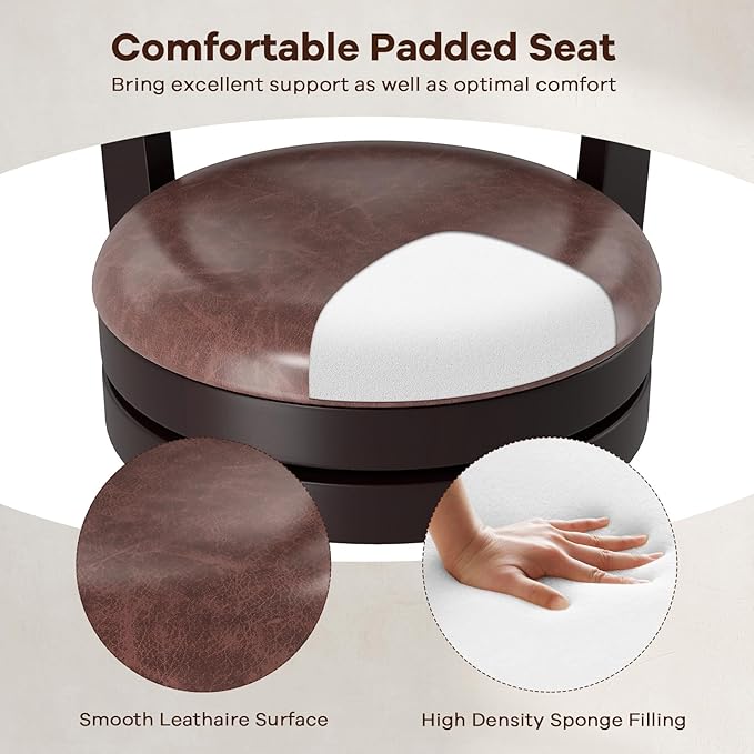 COSTWAY Bar Stools Set of 2, 30" Swivel Bar Height Bar Chairs with Copper Nails, Upholstered Seat, X-Shaped Backrest, Solid Rubber Wood Frame, for Kitchen Island Pub Bar