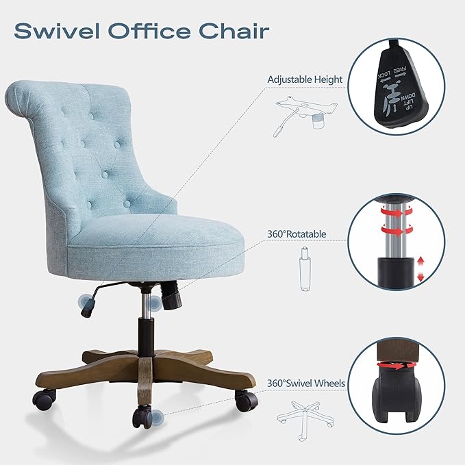 Home Office Chair Adjustable Height Swivel Chair with Wheels Linen Fabric Upholstered Computer Desk Chair with Wooden Legs Comfortable Armless Chair for Home Office Study Studio(Teal)