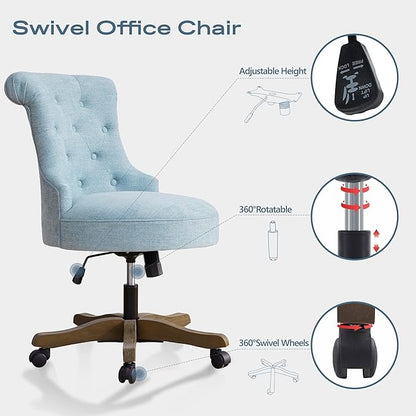 Home Office Chair Adjustable Height Swivel Chair with Wheels Linen Fabric Upholstered Computer Desk Chair with Wooden Legs Comfortable Armless Chair for Home Office Study Studio(Teal)