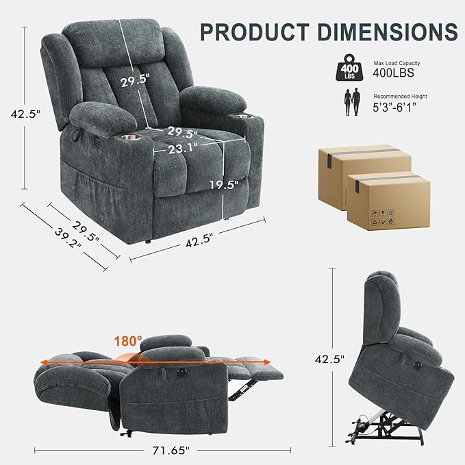 Dual Motor Power Lift Recliner Chair for Elderly, Heavy Duty Steel Chenille Fabric High-Density Sponge, USB & Type-C Port Blue Standing Assistance Reclining Chair with Massage and Heat