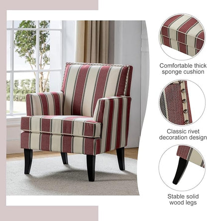 HULALA HOME Modern Accent Chair with Arms and Wooden Legs, Striped Accent Chair Armchair High Back Rest, Padded Armrest and Comfortable Cushioned Seat for Living Room (Stripe Red)