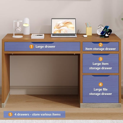 52 Inch Desk with 4 Drawers, Small Computer Desk for Small Space, Home Office Desk with Storage File Cabinet for Bedroom, Brown