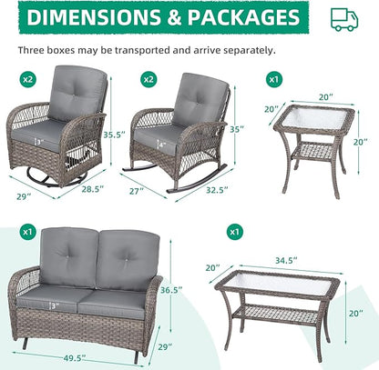 VIVIJASON 7-Piece Outdoor Patio Wicker Conversation Sets, All Weather Outdoor Rattan Furniture Set Includes Glider Loveseat, 2 Rocking Chairs, 2 Swivel-Gliders Chairs, 2 Coffee Table, Grey