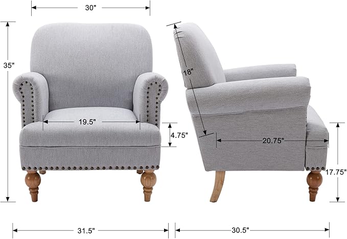 Linen Accent Chair Mid-Century Modern Living Room Armchair with Nailhead Trim & Wood Legs Comfy Upholstered Single Sofa Chair for Lounge/Bedroom/Reception, Grey