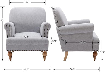 Linen Accent Chairs Set of 2 Mid-Century Modern Living Room Armchair with Nailhead Trim & Wood Legs Comfy Upholstered Single Sofa Chair for Lounge/Bedroom/Reception, Grey