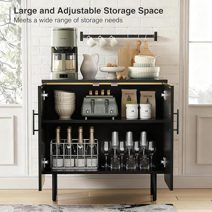 Modern Fluted Black Storage Cabinet with 2 Doors, Adjustable Shelves, and Metal Legs, Accent Buffet Sideboard for Living Room, Dining Room, Entryway (Black)
